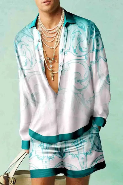 Men's Printed Shirt and Shorts Set Lightweight Silky Look