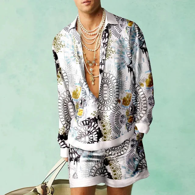 Men's Printed Shirt and Shorts Set Lightweight Silky Look