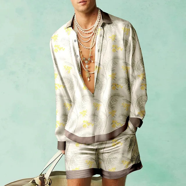 Men's Printed Shirt and Shorts Set Lightweight Silky Look