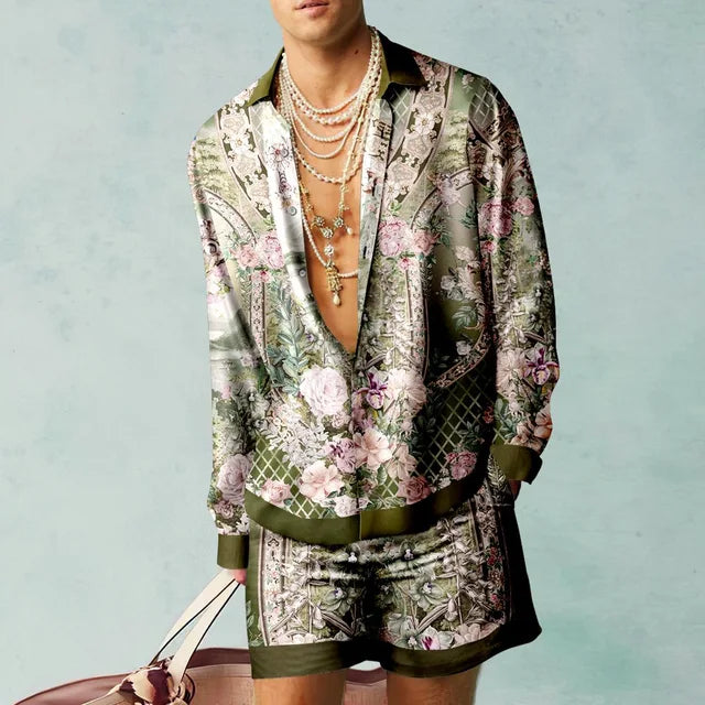 Men's Printed Shirt and Shorts Set Lightweight Silky Look