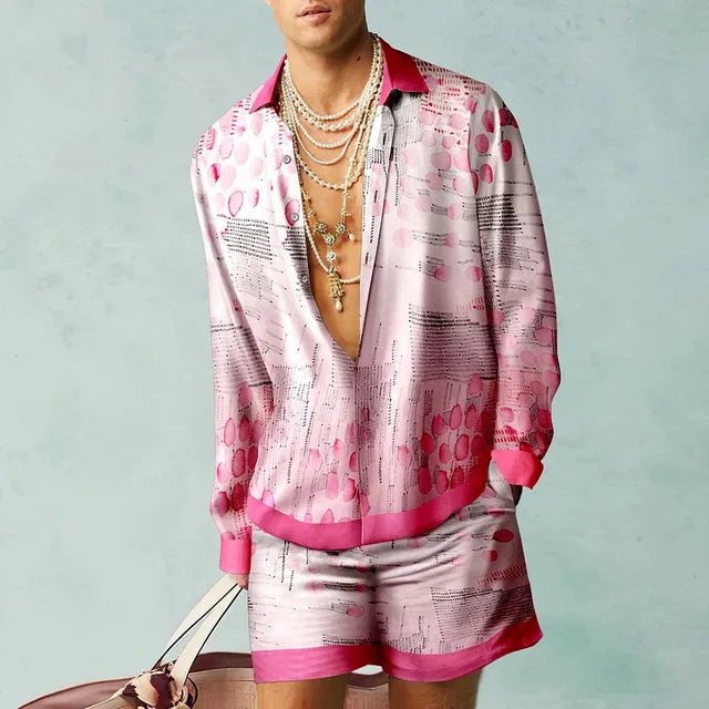 Men's Printed Shirt and Shorts Set Lightweight Silky Look