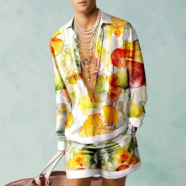 Men's Printed Shirt and Shorts Set Lightweight Silky Look