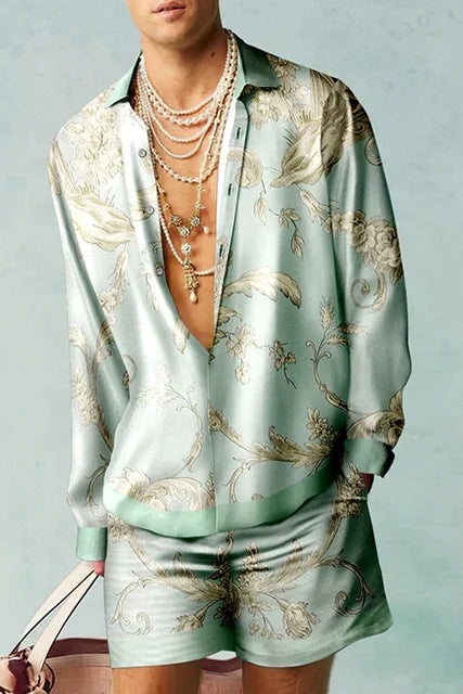 Men's Printed Shirt and Shorts Set Lightweight Silky Look