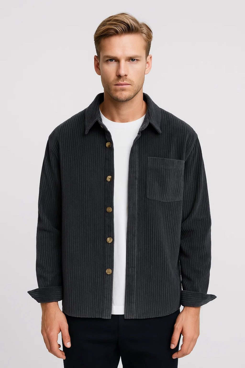 Men's Ribbed Overshirt with Pocket and Button Front
