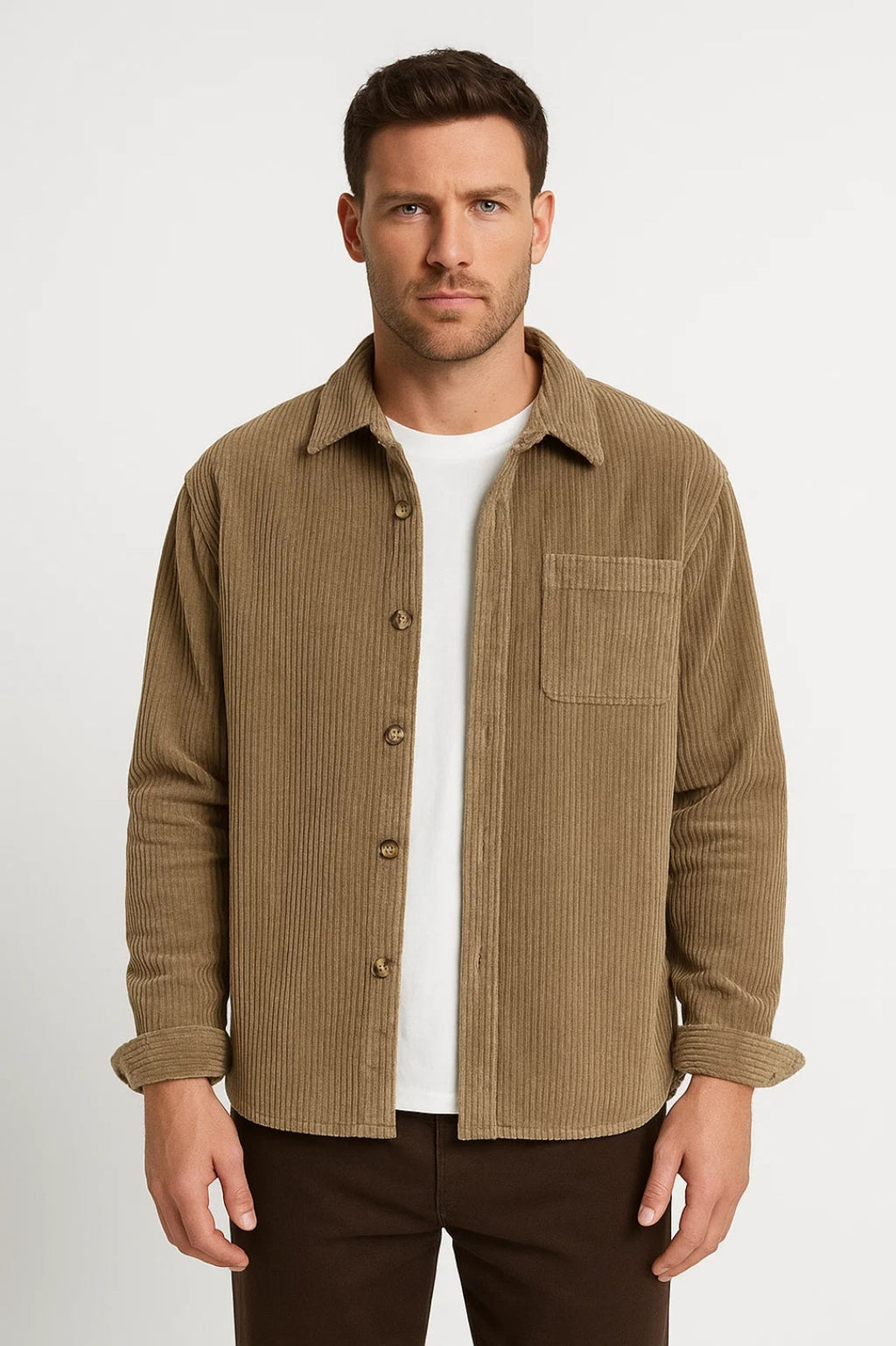 Men's Ribbed Overshirt with Pocket and Button Front