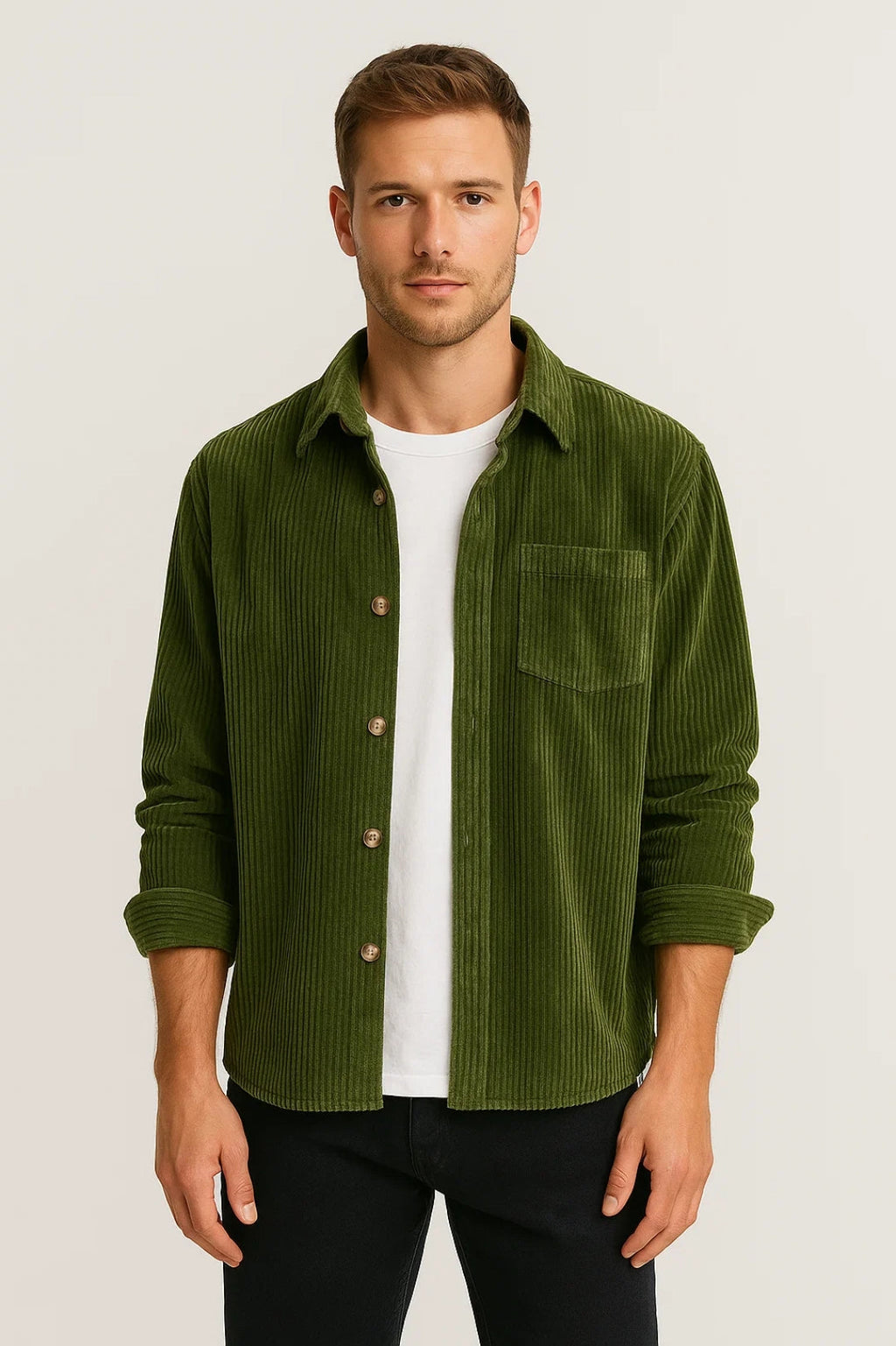 Men's Ribbed Overshirt with Pocket and Button Front