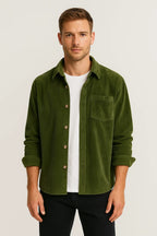 Men's Ribbed Overshirt with Pocket and Button Front