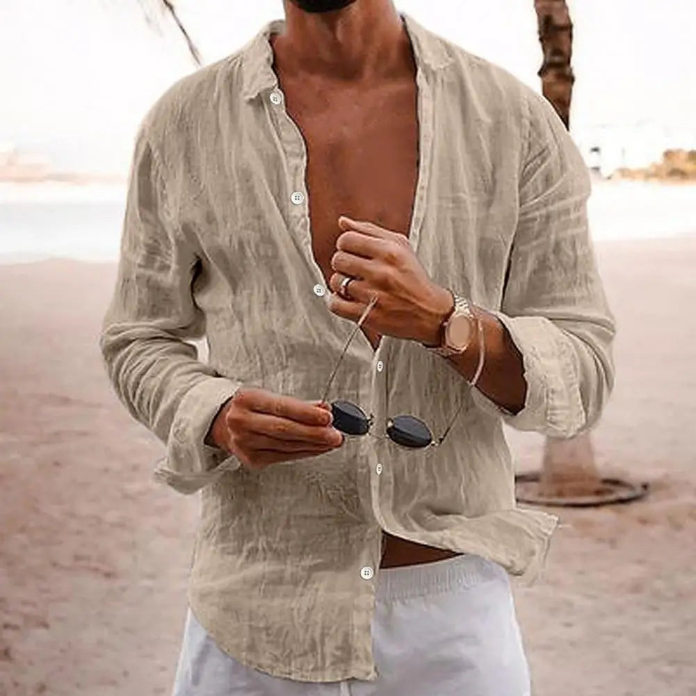 Men's Long Sleeve Linen Summer Casual Beach Shirt