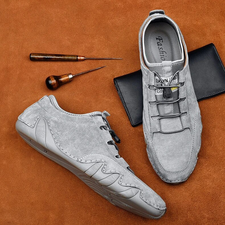 Men's Leather Loafers with Drawcord and Mesh Panels