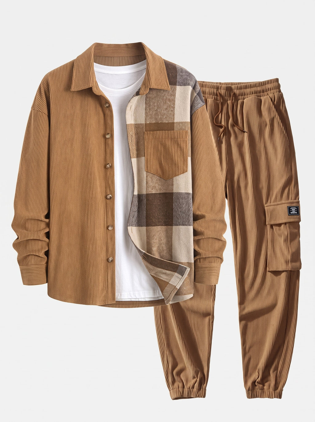 Men's Corduroy Shirt and Cargo Jogger Set Relaxed Autumn