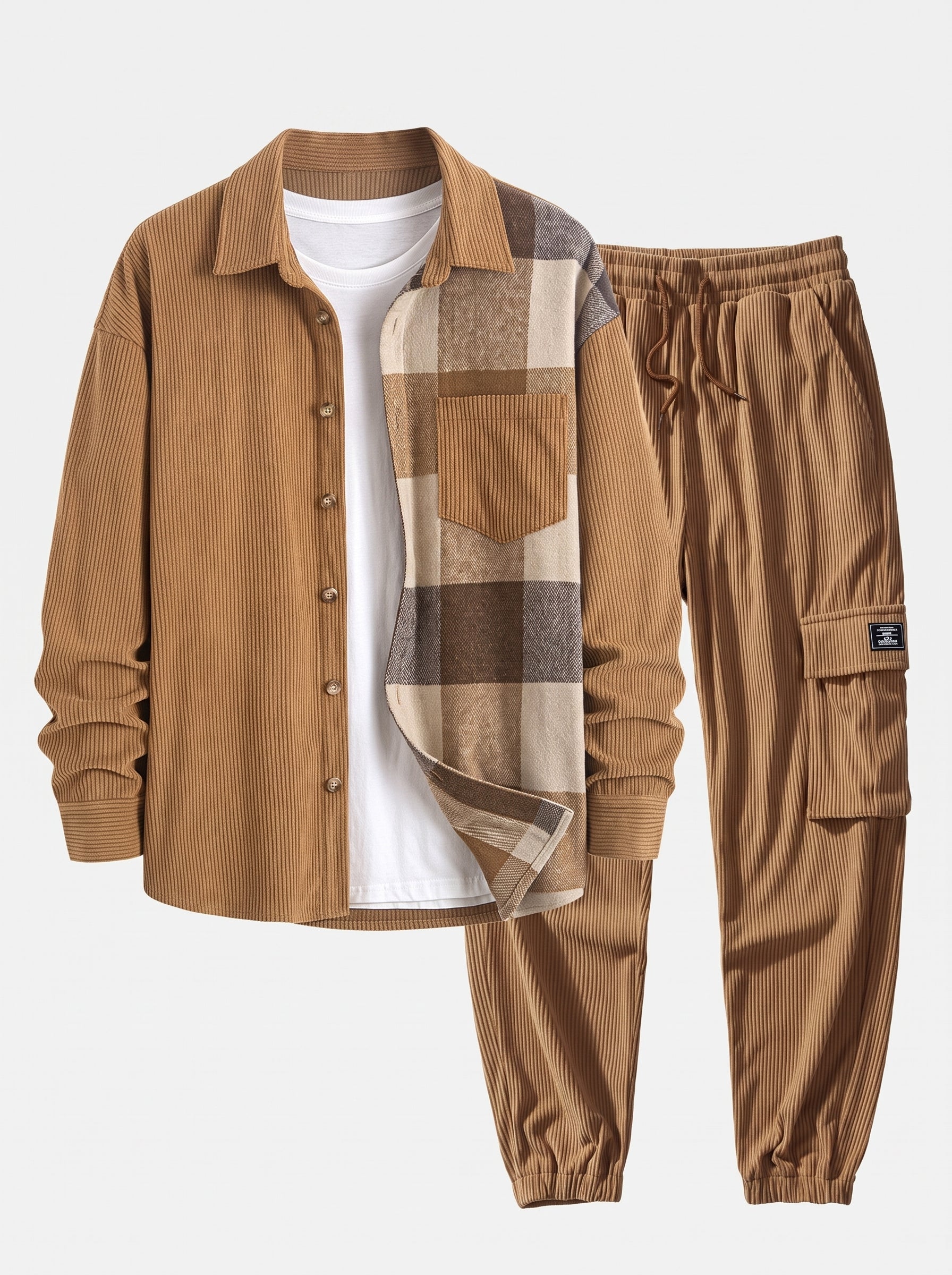Men's Corduroy Shirt and Cargo Jogger Set Relaxed Autumn