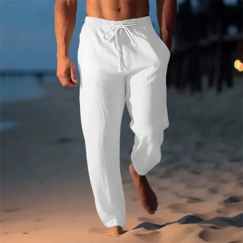 Men's Linen Trousers Textured Pull On Resort Fit