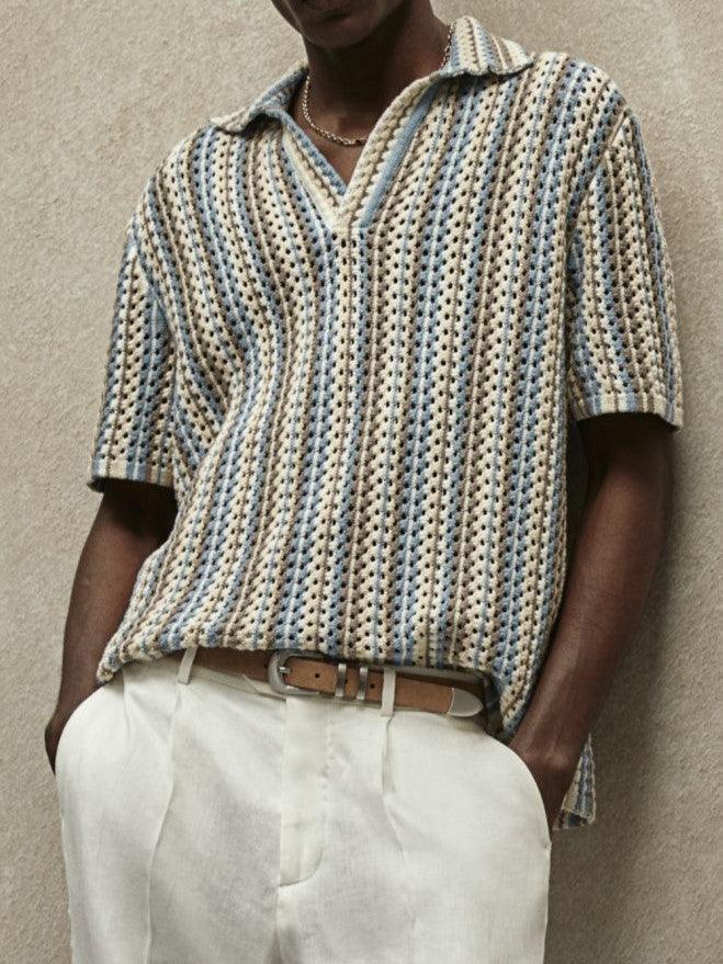 Men's Textured Knitted Stripe Polo Relaxed Summer Shirt