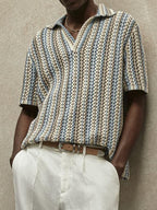 Men's Textured Knitted Stripe Polo Relaxed Summer Shirt