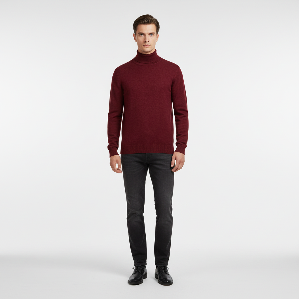 Men's Fine Knit Turtleneck Sweater with Ribbed Finish