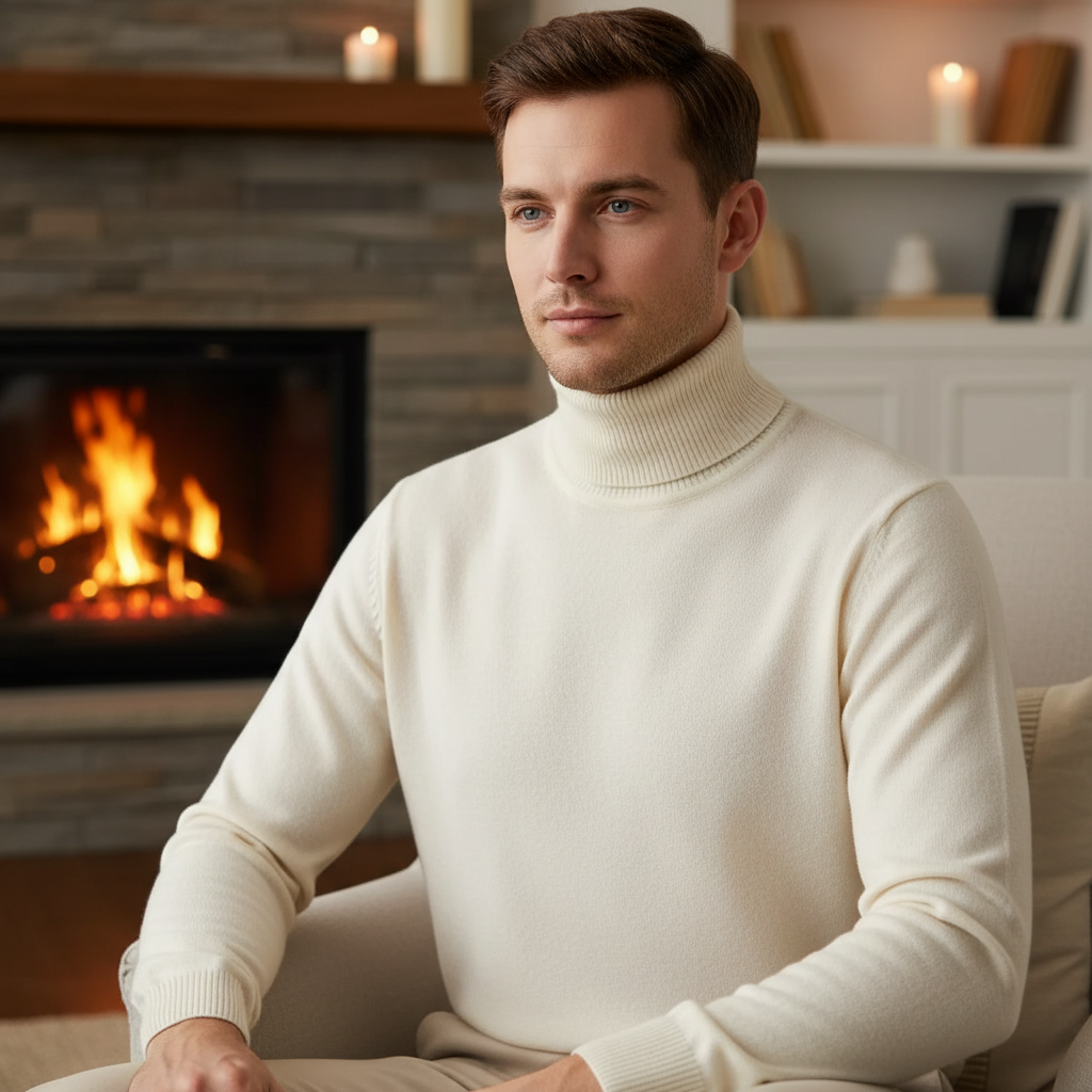 Men's Fine Knit Turtleneck Sweater with Ribbed Finish