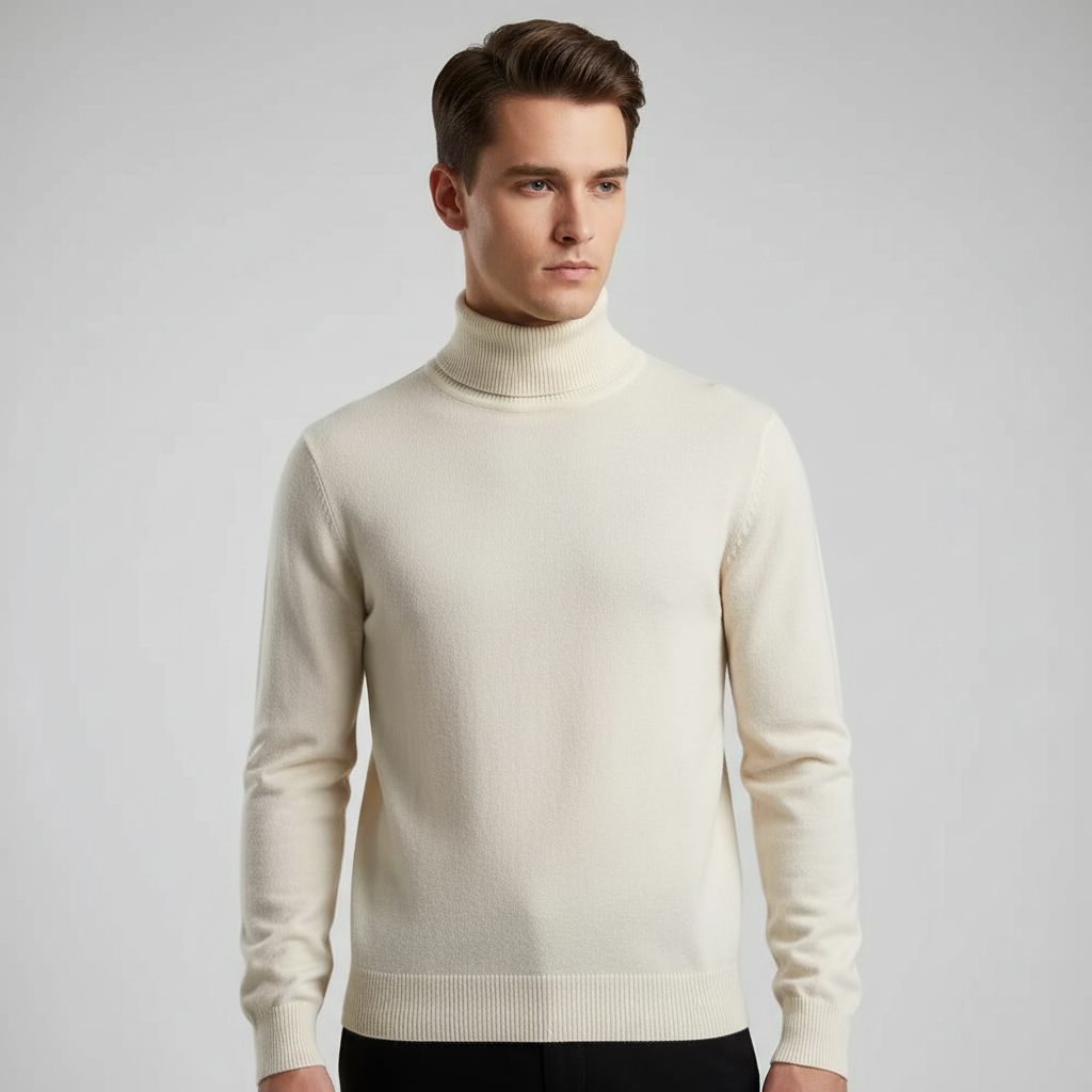 Men's Fine Knit Turtleneck Sweater with Ribbed Finish
