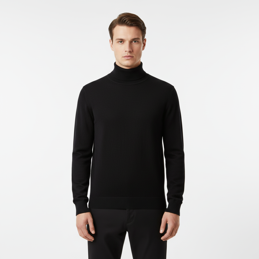 Men's Fine Knit Turtleneck Sweater with Ribbed Finish