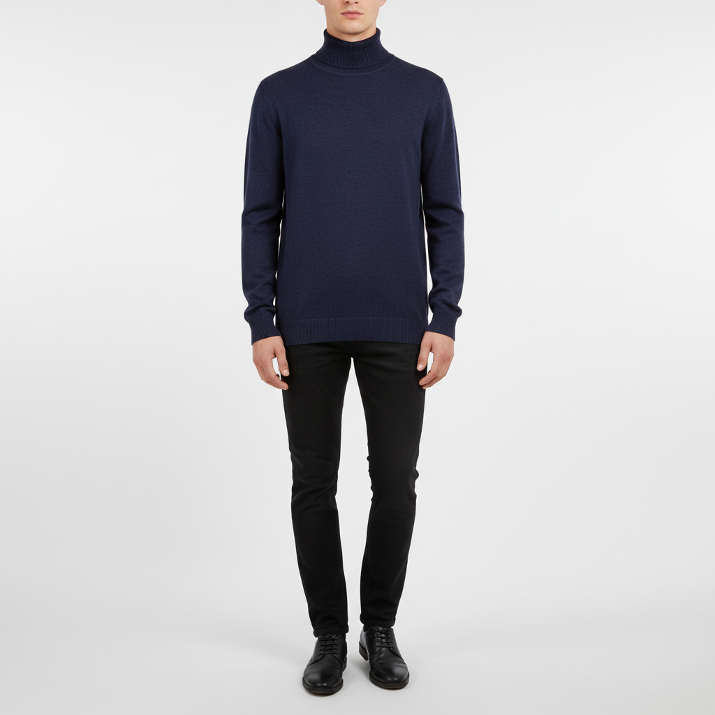Men's Fine Knit Turtleneck Sweater with Ribbed Finish
