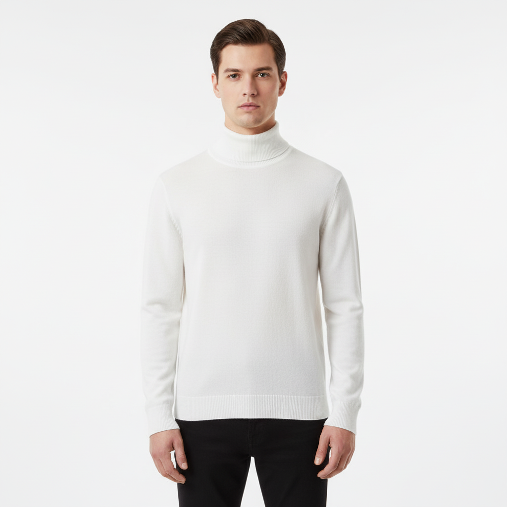 Men's Fine Knit Turtleneck Sweater with Ribbed Finish