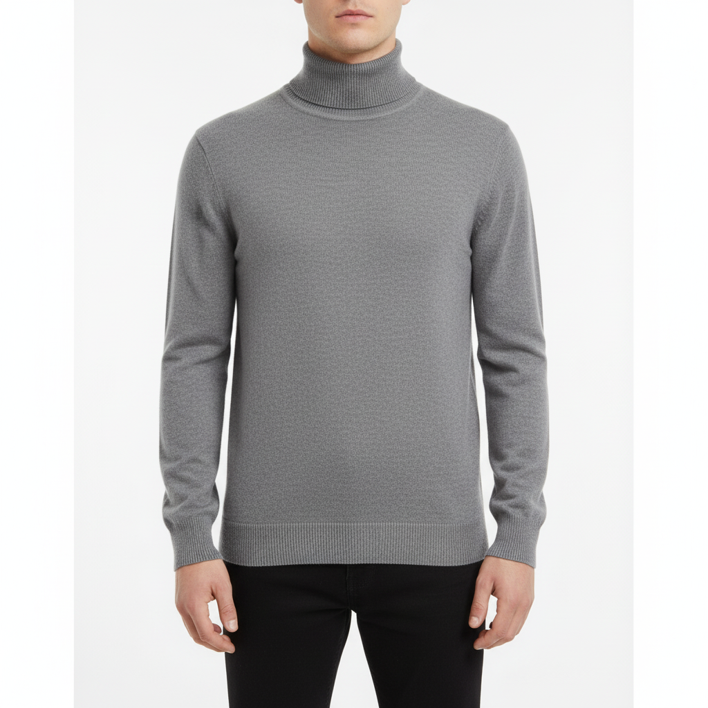 Men's Fine Knit Turtleneck Sweater with Ribbed Finish