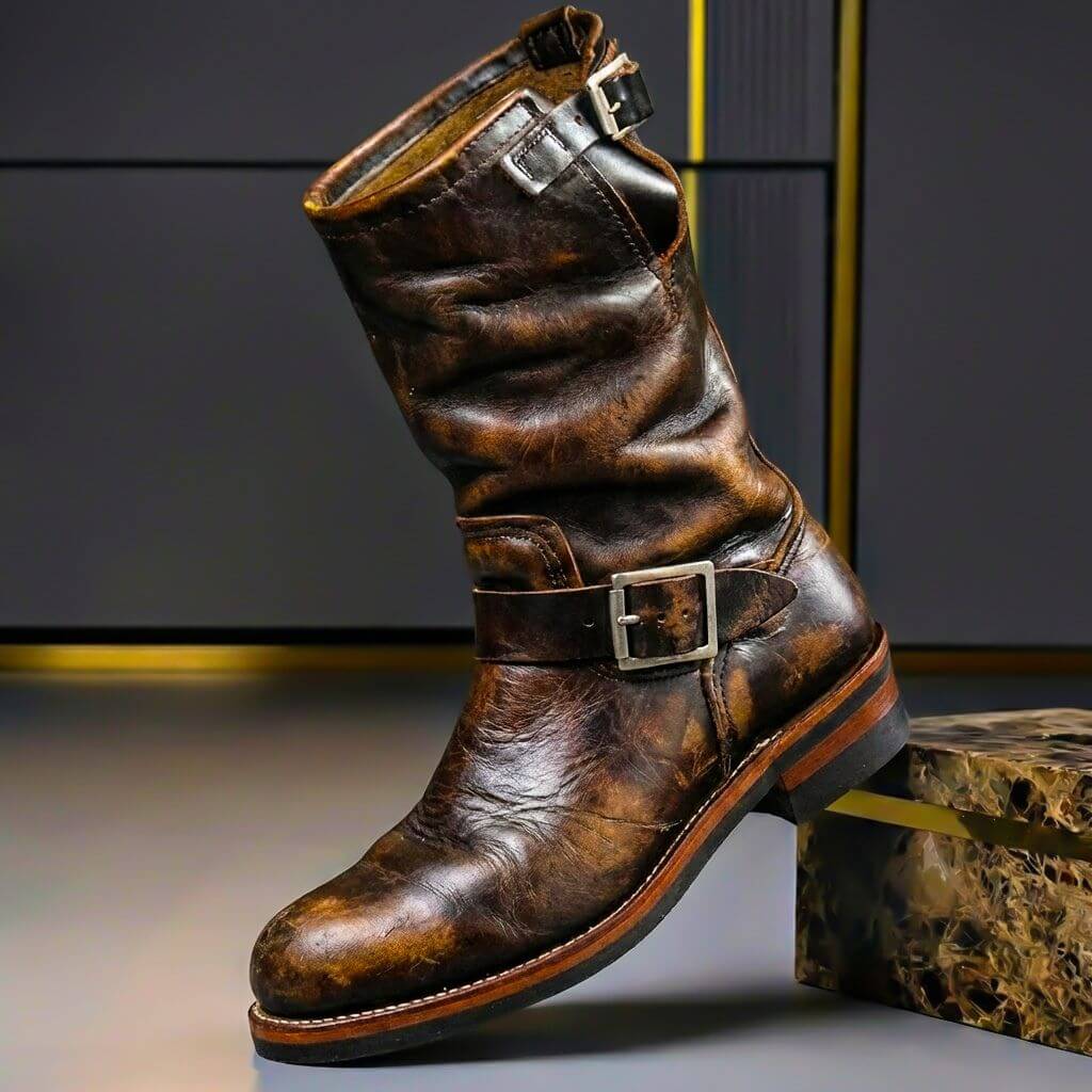 Men's Genuine Leather Engineer Boots Mid Calf Buckle Footwear