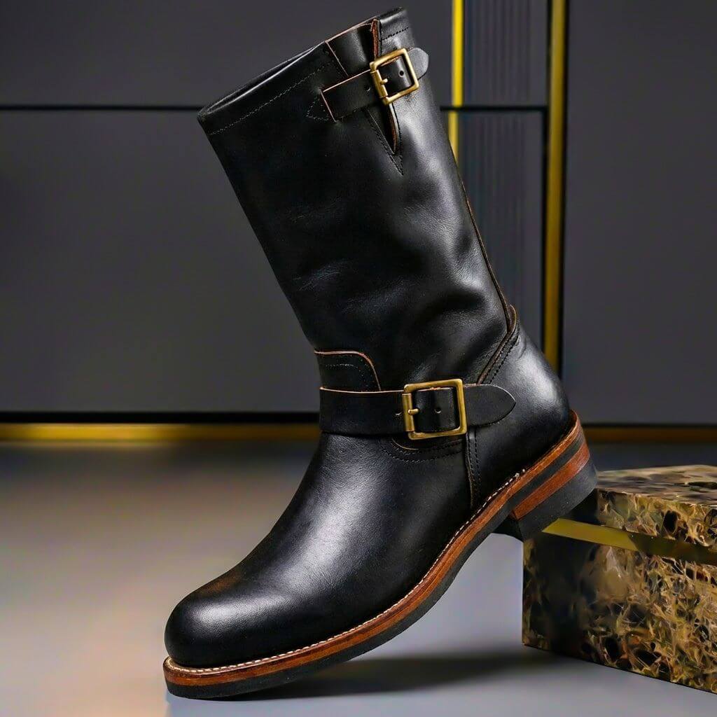 Men's Genuine Leather Engineer Boots Mid Calf Buckle Footwear