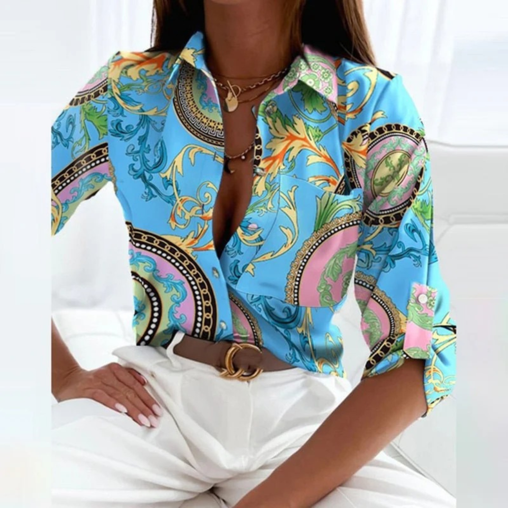 Women's Printed Satin-Look Shirt Blouse – Relaxed Button-Up