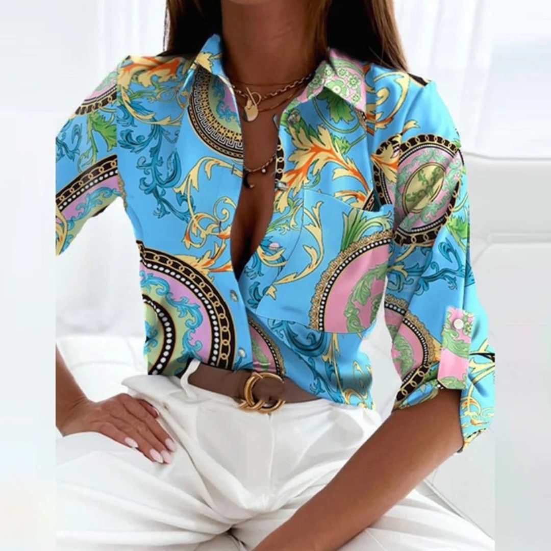 Women's Printed Satin-Look Shirt Blouse – Relaxed Button-Up