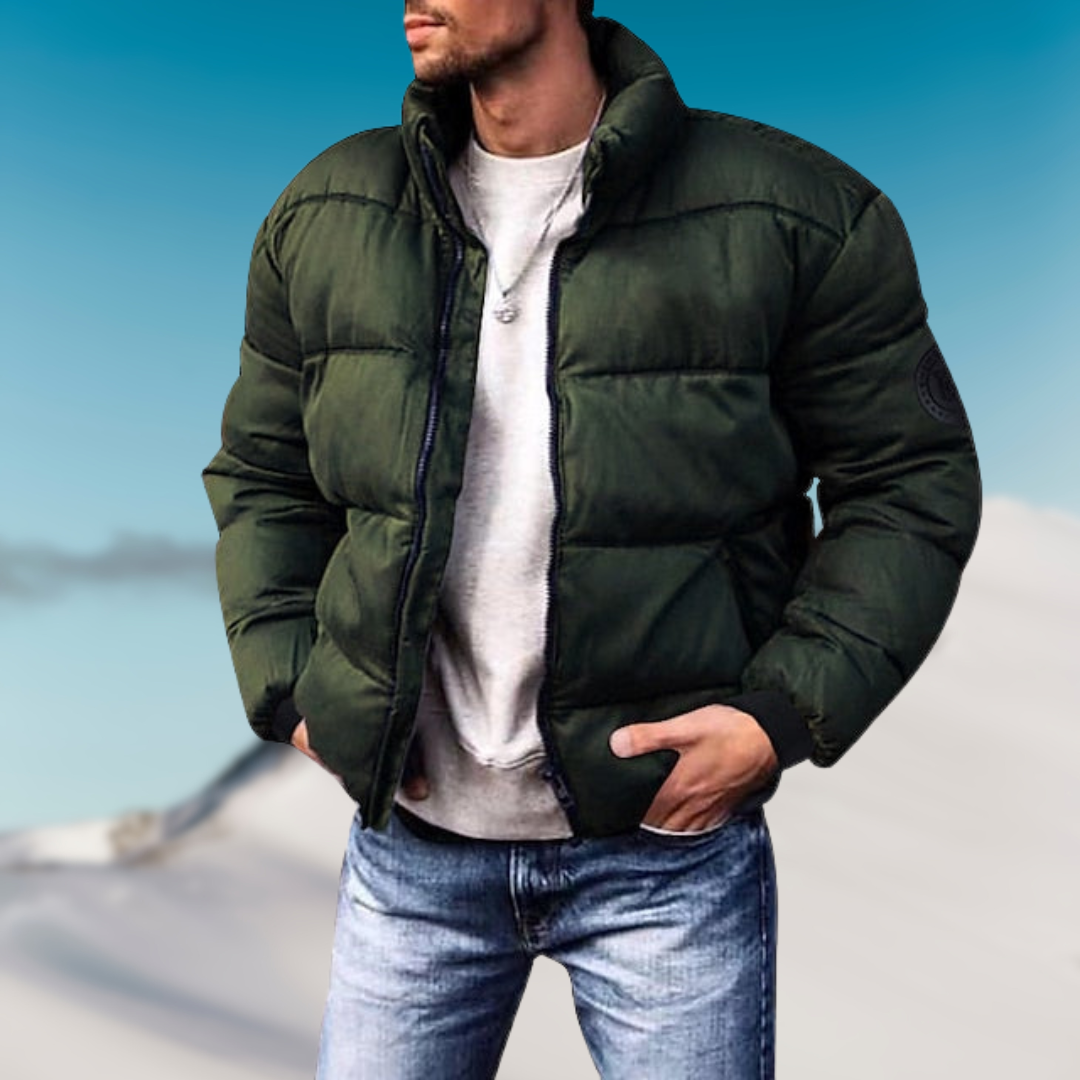 Men's Zip-Front Down Puffer for Everyday Winter Wear - Olive Green