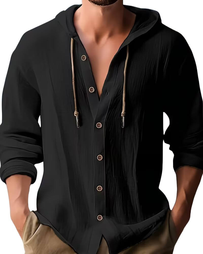 Men's Hooded Button Up Casual Shirt Relaxed Spring Autumn