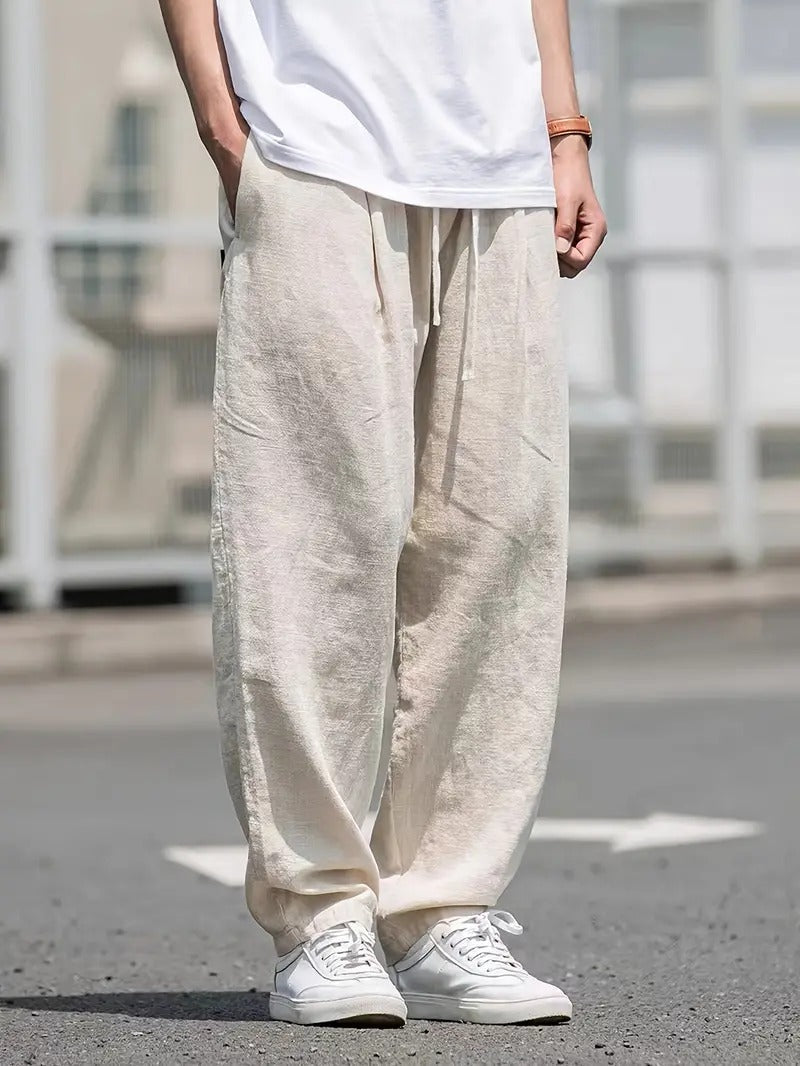Men's Wide Leg Linen Trousers Drawstring Relaxed Fit