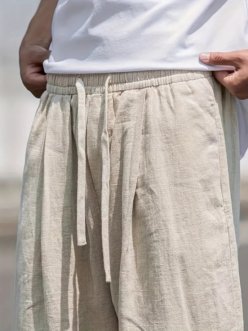 Men's Wide Leg Linen Trousers Drawstring Relaxed Fit