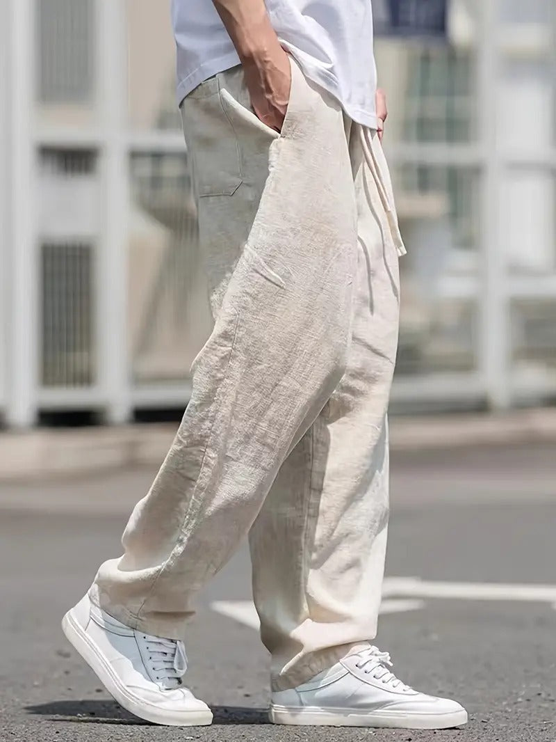 Men's Wide Leg Linen Trousers Drawstring Relaxed Fit