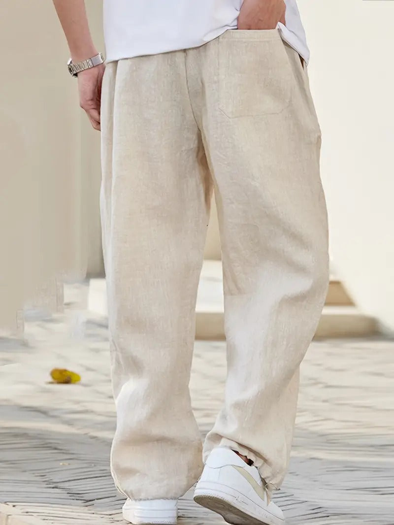 Men's Wide Leg Linen Trousers Drawstring Relaxed Fit