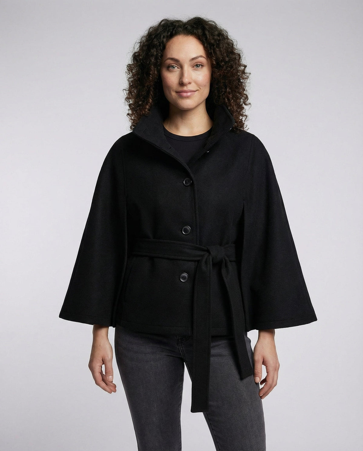 Women's Belted Wool-Blend Cape Jacket – High-Collar Winter