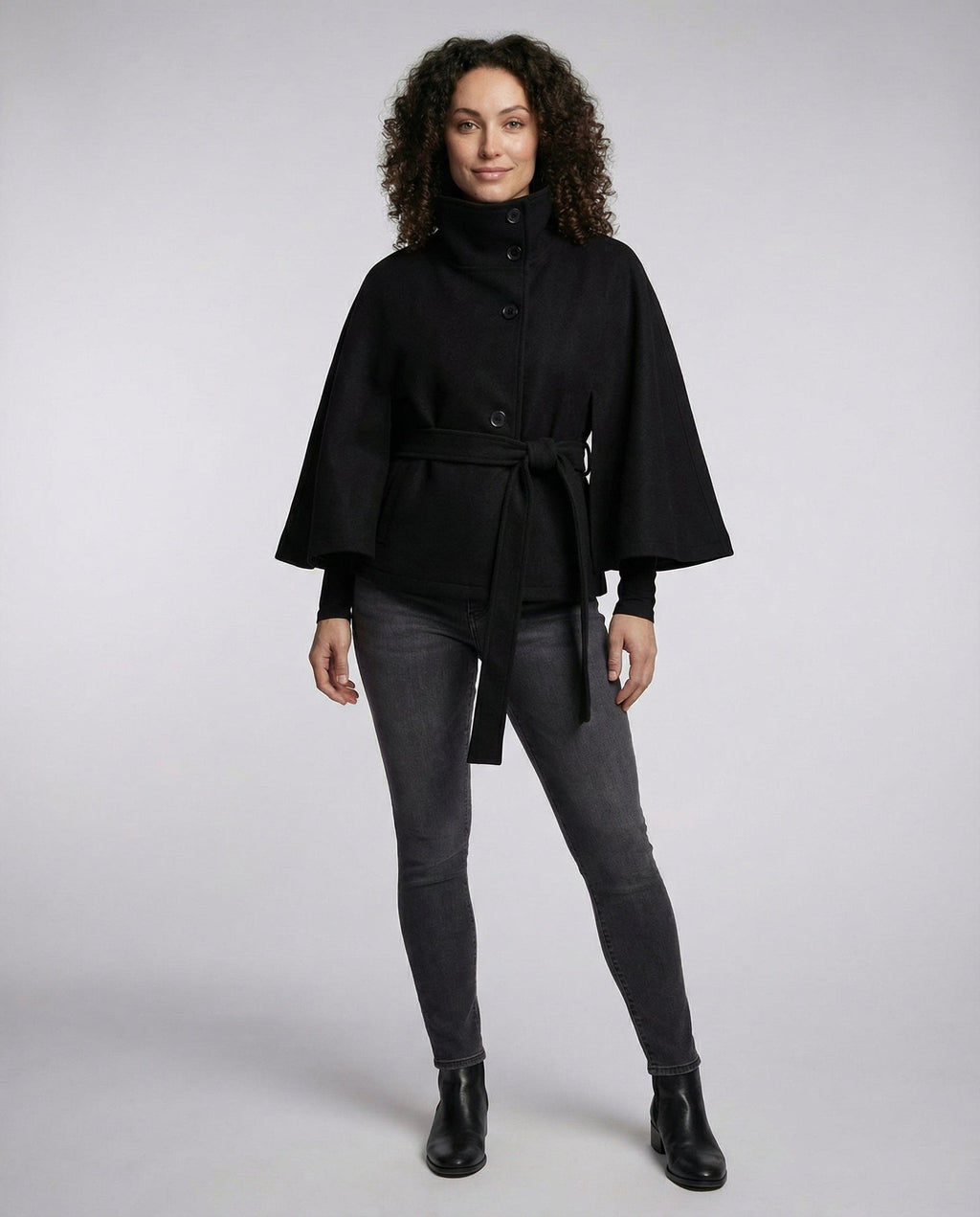 Women's Belted Wool-Blend Cape Jacket – High-Collar Winter