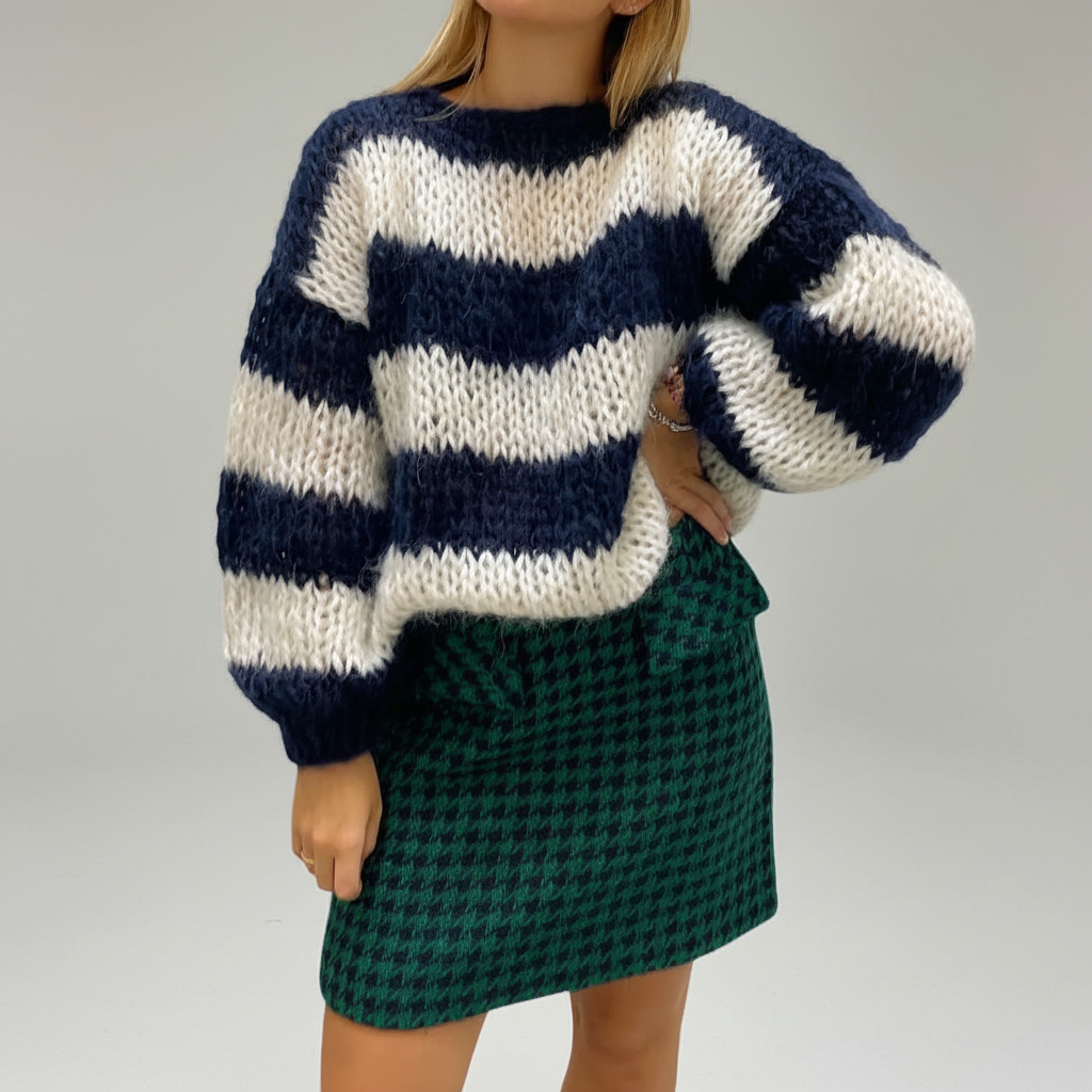 Women's Chunky Knit Sweater with Wide Stripes