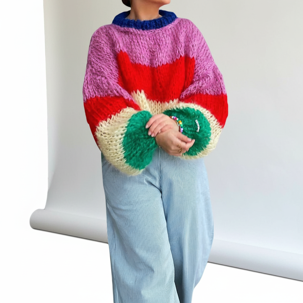 Women's Chunky Knit Sweater with Wide Stripes