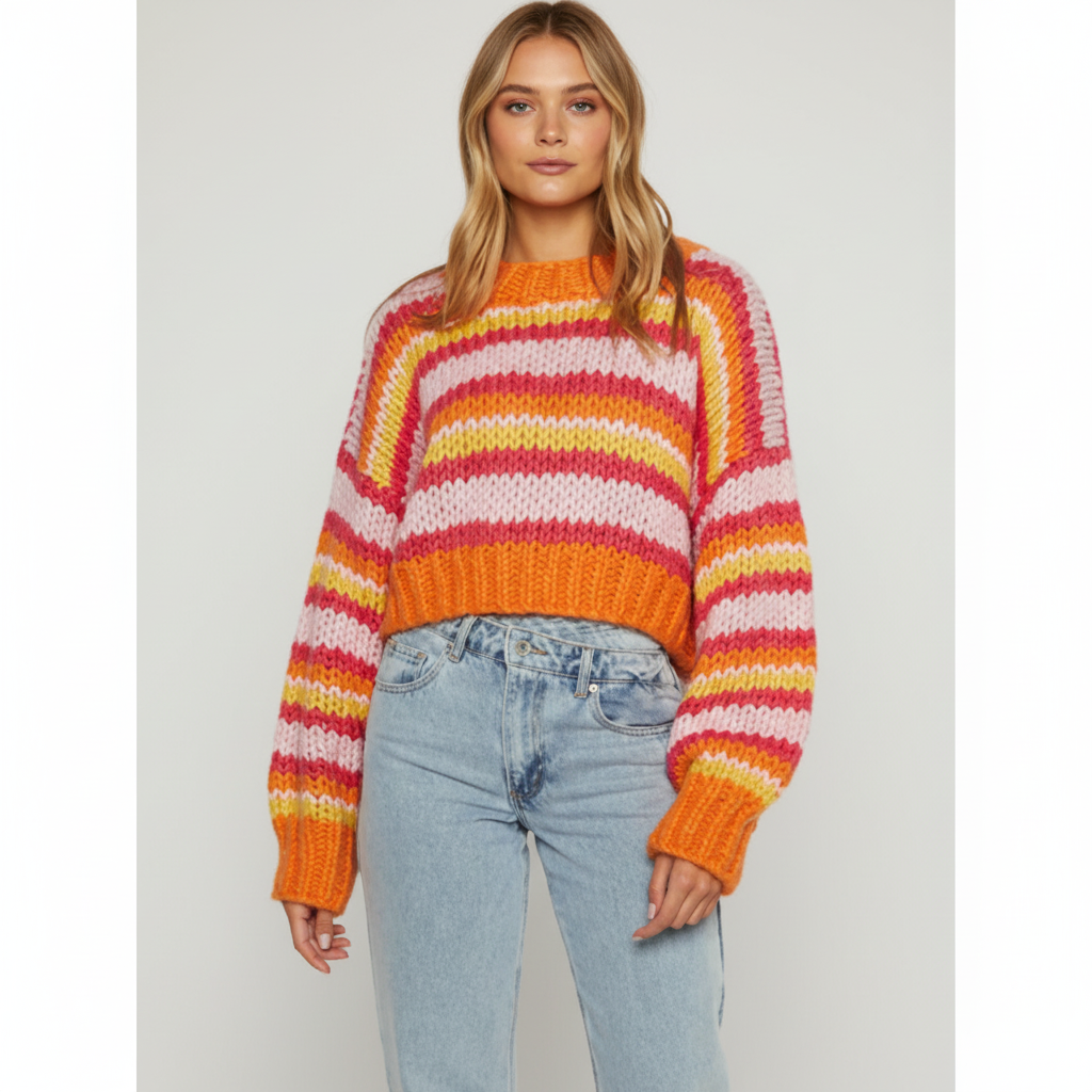 Women's Chunky Knit Sweater with Wide Stripes