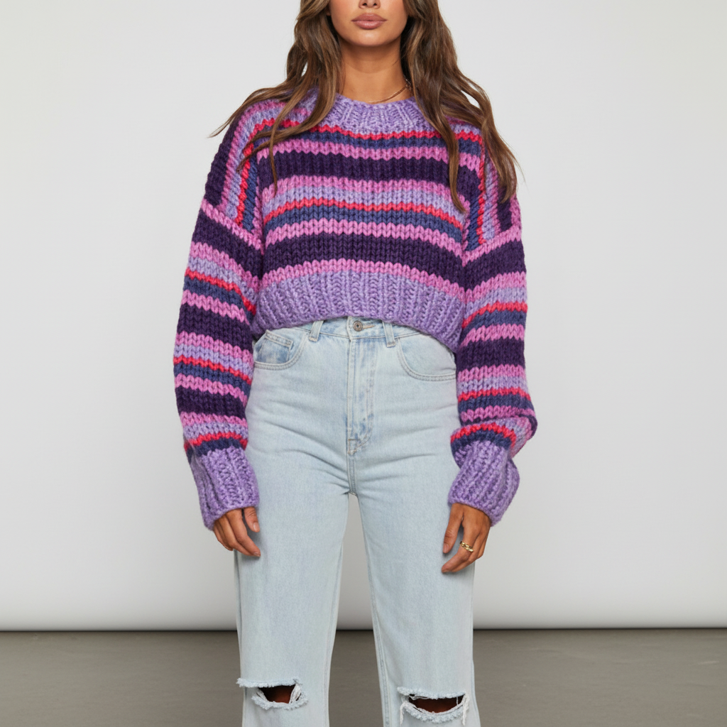 Women's Chunky Knit Sweater with Wide Stripes