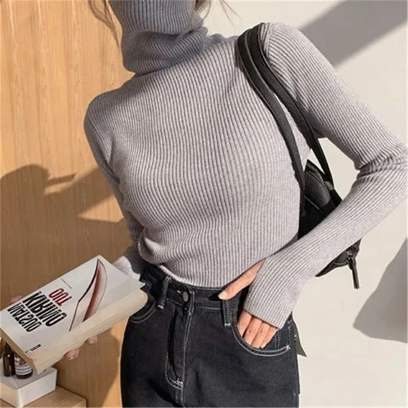 Women's Ribbed Turtleneck Jumper Soft Stretch Knit Slim