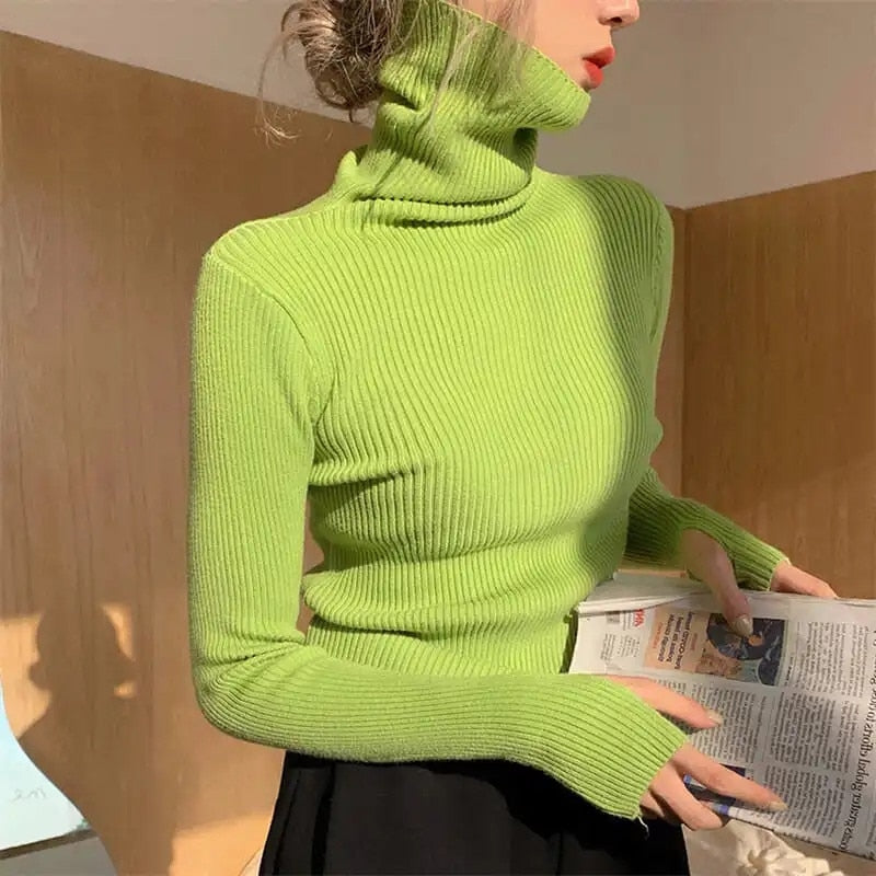 Women's Ribbed Turtleneck Jumper Soft Stretch Knit Slim