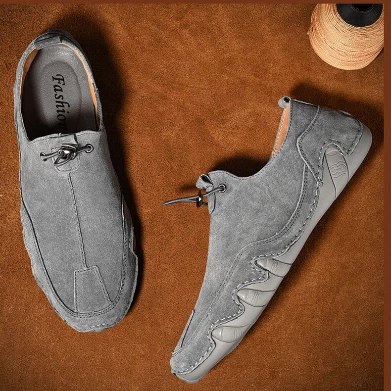 Men's Leather Loafers with Drawcord and Mesh Panels