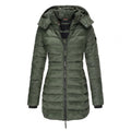 Women's Fitted Long Padded Coat with Attached Hood - Olive Green