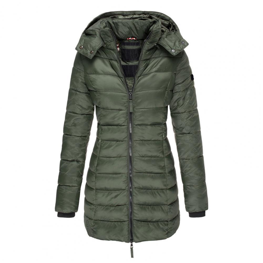 Women's Fitted Long Padded Coat with Attached Hood - Olive Green