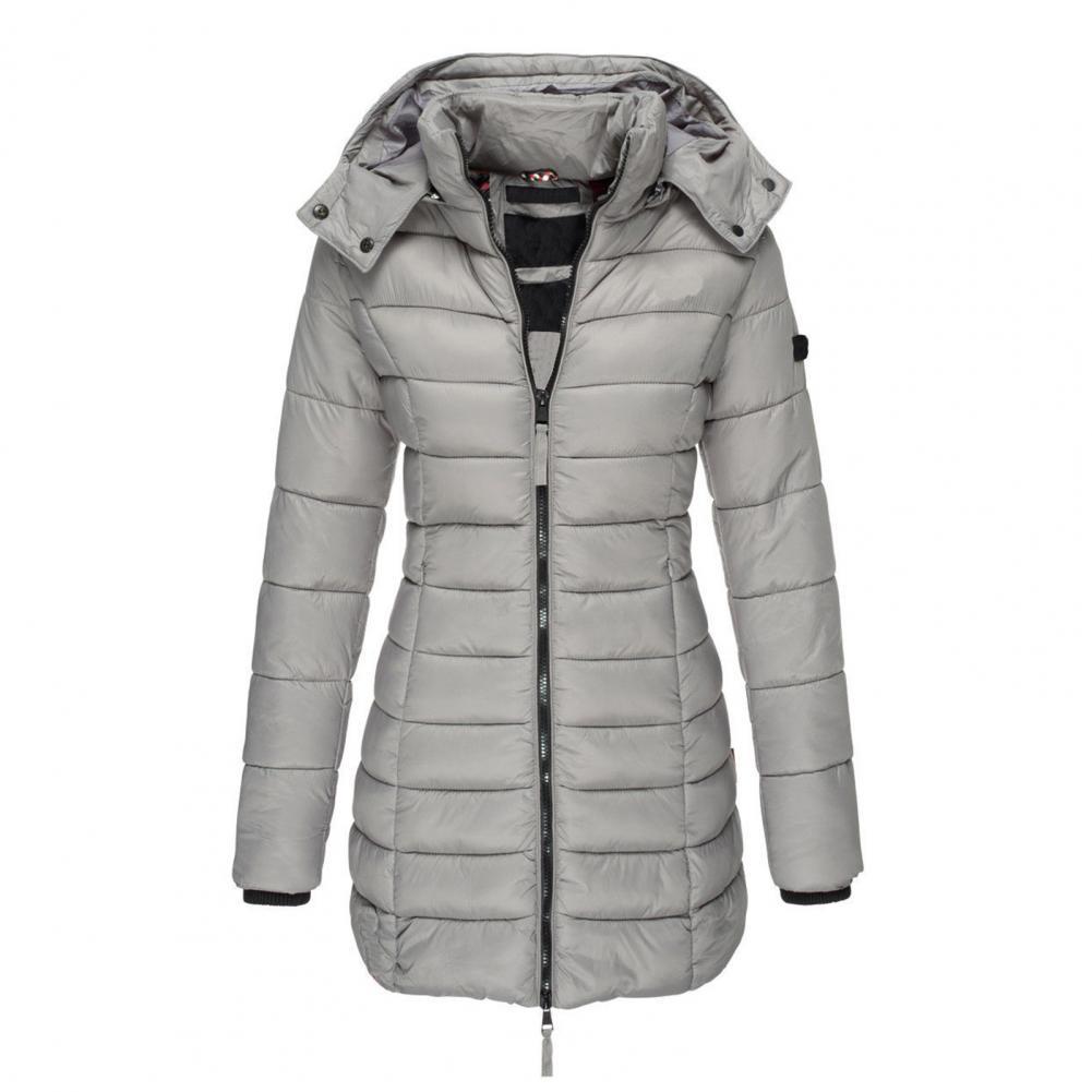 Women's Fitted Long Padded Coat with Attached Hood - Gray