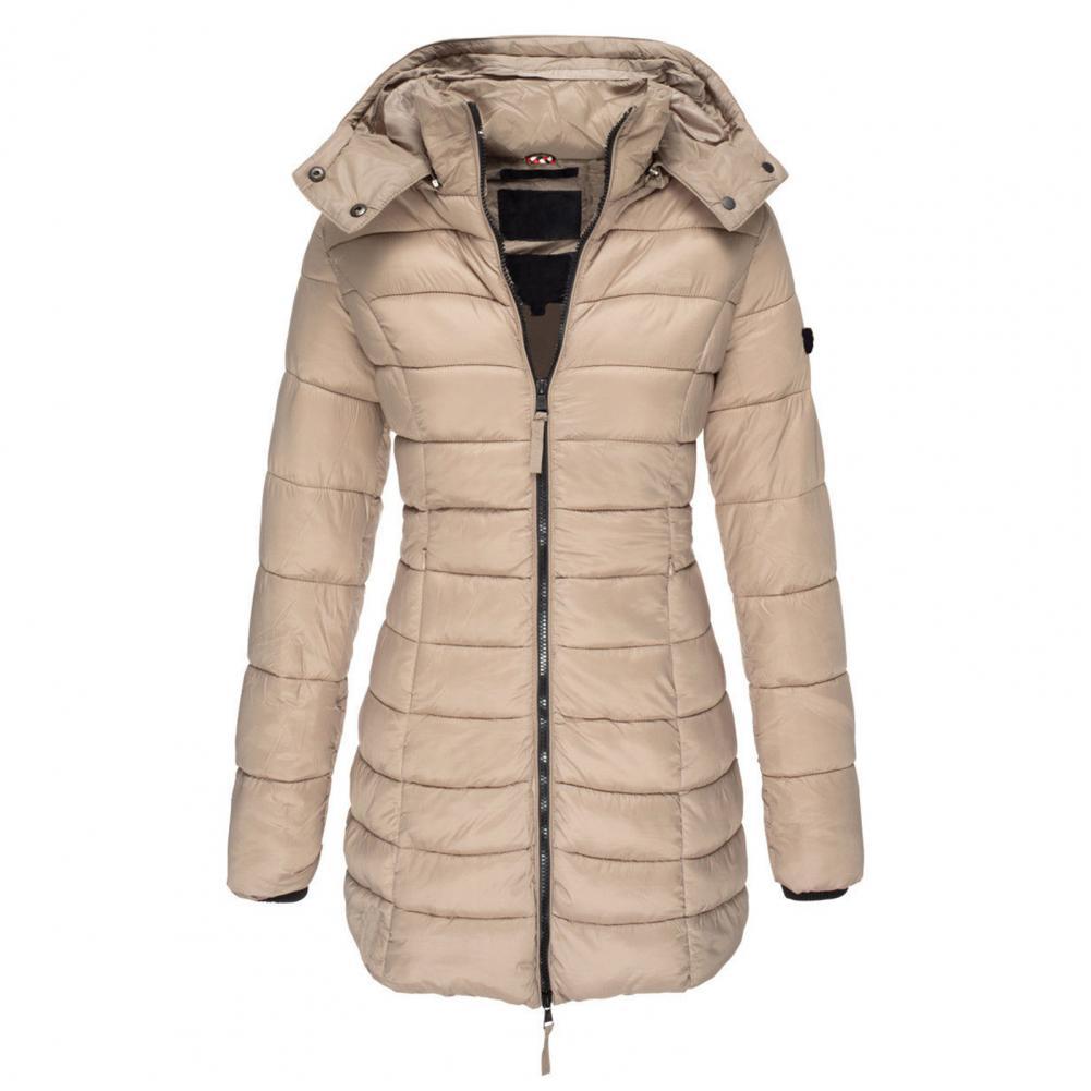 Women's Fitted Long Padded Coat with Attached Hood - Khaki