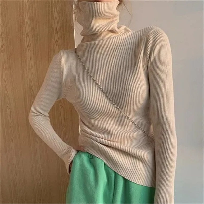Women's Ribbed Turtleneck Jumper Soft Stretch Knit Slim