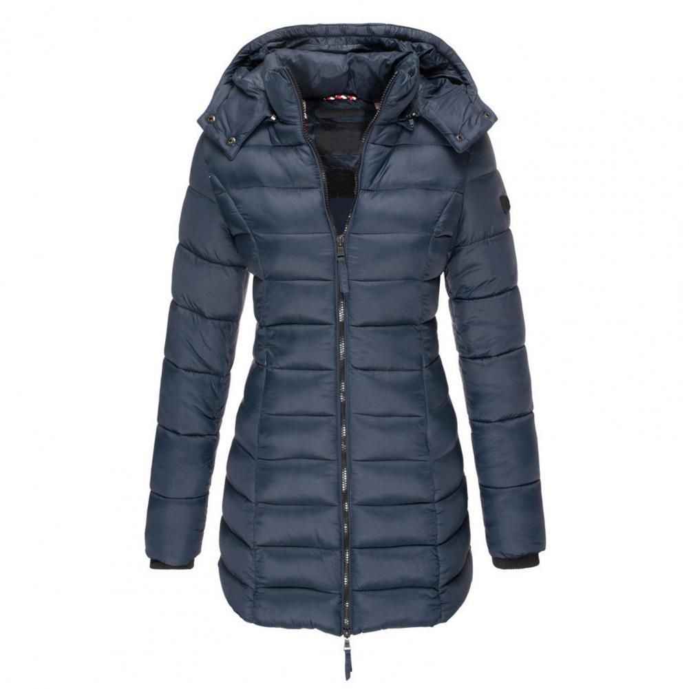 Women's Fitted Long Padded Coat with Attached Hood - Navy Blue